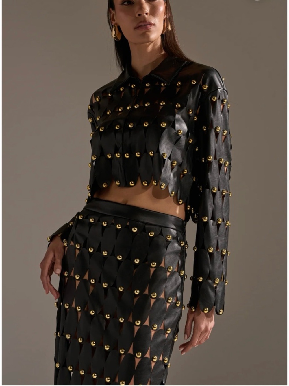 ✨AKIRA Black Cropped Studded Scalloped Leather-Look Shirt✨ - Picture 8 of 14